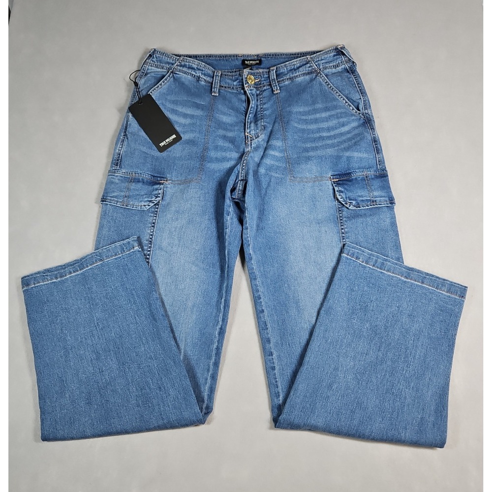 True Religion Womens Medium Wash Straight Leg Cargo Jeans Size 31 NWT